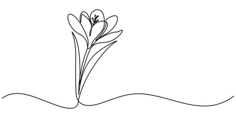 Aufkleber - Spring crocus flower in continuous line art drawing style. Minimalist black linear sketch on white background. Vector illustration, Single continuous line drawing beauty fresh croci for home wall. 