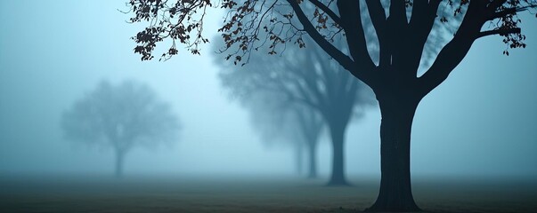 Poster - Mysterious fog idea. Ethereal landscape featuring silhouetted trees in a misty atmosphere.