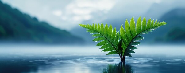 Aufkleber - Mysterious fog idea. A serene fern emerging from misty waters, symbolizing resilience and natural beauty.