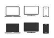 © vladwel - Laptop computer cell phone and desktop pc screen icon vector simple graphic illustration set solid black line stroke outline art, mobile cellphone smartphone blank empty frame sign symbol image