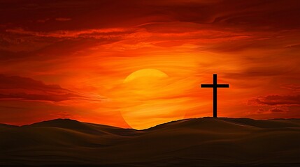 Canvas Print - Silhouetted cross against a red sunset on a hill.