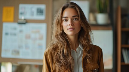 Poster - A woman with long brown hair stands in front of a bulletin board