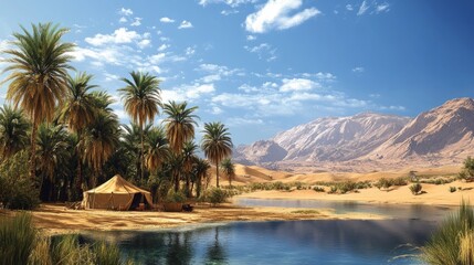 Wall Mural - Serene desert scene featuring an oasis with sparkling water, surrounded by date palms and a traditional Bedouin tent, all under a vast blue sky.