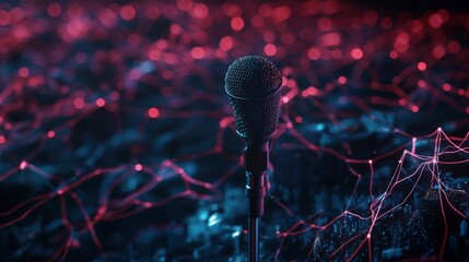 Poster - Professional microphone surrounded by digital waves in an open space sound art creative environment artistic viewpoint