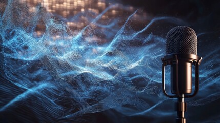 Poster - Recording studio microphone captures sound waves serene setting digital art modern environment close-up audio concept