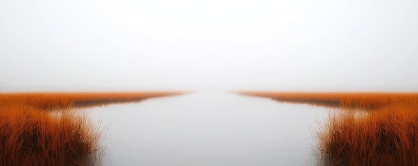 Aufkleber - Mysterious fog idea. Serene landscape featuring calm water, mist, and golden reeds creating a tranquil scene.