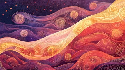 Aufkleber - Cultural patterns and warm glowing waves abstract environment digital illustration vibrant colors symbolizing harmony