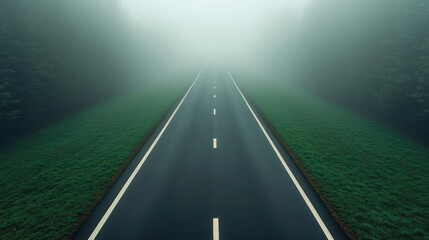 Poster - Mysterious fog idea. A serene, foggy road disappearing into the mist, surrounded by lush greenery.