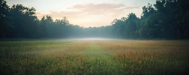 Poster - Mysterious fog idea. A serene landscape featuring a misty field at dawn with lush greenery and soft light.