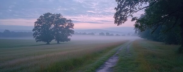 Aufkleber - Mysterious fog idea. A serene landscape at dawn with a misty path and lush green fields under a cloudy sky.