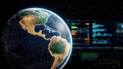 Poster - Weather forecast idea. A digital representation of Earth with data analytics and information screens.