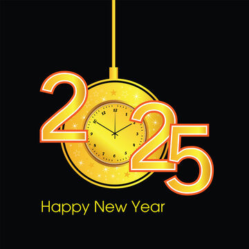 Happy New Year 2025 clock design and gold color number design. Vector illustration
