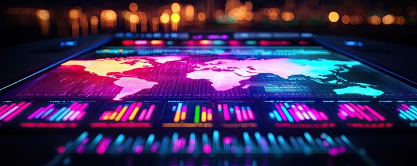 Poster - Weather forecast idea. Vibrant digital map with analytics data visualizations on a futuristic display.