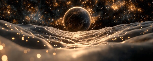 Wall Mural - A cosmic landscape featuring a glowing planet above shimmering waves, set against a backdrop of sparkling stars and galactic wonders.
