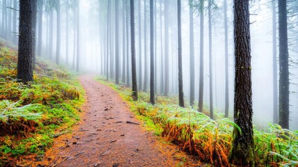 Poster - Mysterious fog idea. A serene forest pathway shrouded in mist, surrounded by tall trees and lush foliage.