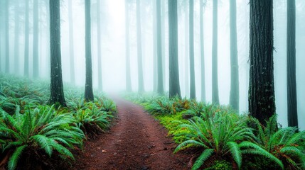 Poster - Mysterious fog idea. A serene forest path shrouded in mist, surrounded by lush greenery and towering trees.