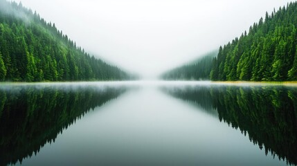 Poster - Mysterious fog idea. Serene lake reflecting lush green trees under a misty sky, evoking tranquility and peace.