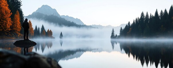 Poster - Mysterious fog idea. A serene lakeside scene with misty mountains and autumn trees reflecting on the water.