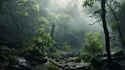 Aufkleber - Rain-Kissed Forest: Sunlight pierces through a canopy of lush greenery, illuminating a tranquil forest stream as raindrops cascade down, creating a breathtakingly serene and mystical atmosphere. 