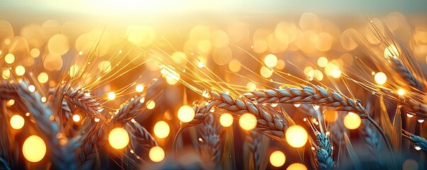 Poster - Wheat sustainability concept. Glistening wheat ears illuminated by a warm sunset, capturing nature's golden beauty.