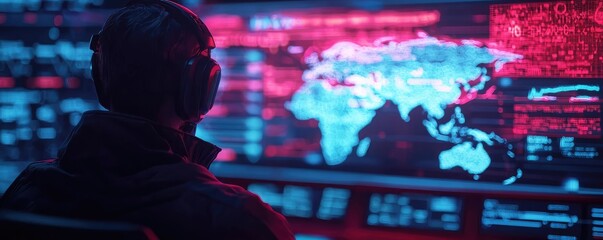 Aufkleber - Weather forecast idea. A person monitors global data on multiple screens in a high-tech control room.