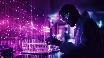 Poster - Scientist conducting experiments in lab with digital effects