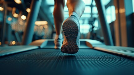 Wall Mural - A person running on a treadmill with their feet on the belt