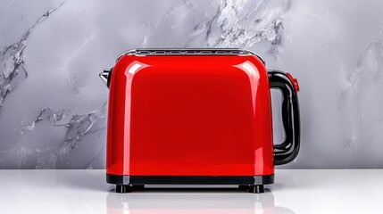 A photostock of a red toaster with a sleek glossy finish on a white surface, ideal for kitchen appliance advertisements, High Quality