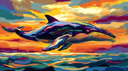 Canvas Print - Colorful whale soaring over sea with sunset sky.