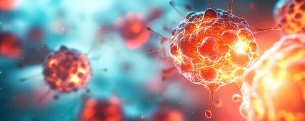 Poster - Cancer cells idea. Close-up view of colorful microorganisms in a vibrant scientific environment.