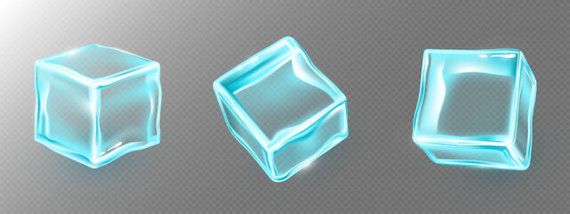 Poster - transparent ice cubes with glowing blue edges at different angles. realistic 3d vector set of frozen