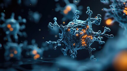 Poster - Cancer cells idea. Close-up view of a virus structure with intricate details in dark background.