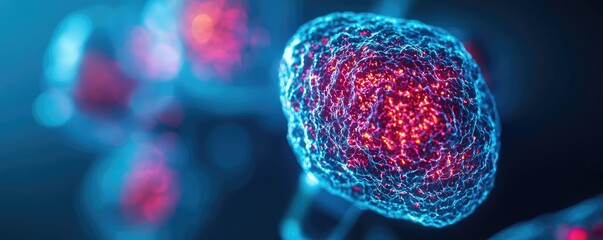 Poster - Cancer cells idea. Microscopic view of cells with vibrant colors showcasing biological structures.