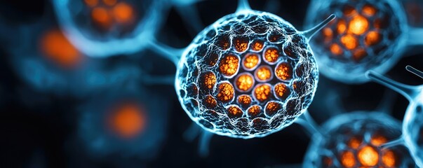 Poster - Cancer cells idea. Highly detailed microscopic view of glowing cells with intricate structures and colors.