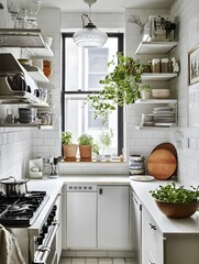 Wall Mural - A small kitchen with clean white tiles, minimal open shelving, and a single potted herb plant as decor.