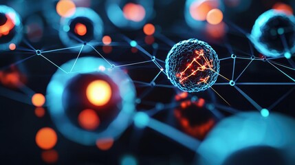 Poster - Cancer cells idea. Abstract representation of interconnected cells and particles in a digital environment.
