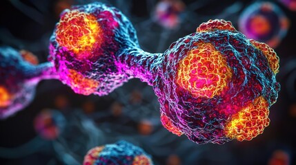 Poster - Cancer cells idea. Vibrant cells illuminated with striking colors showcasing biological structures.