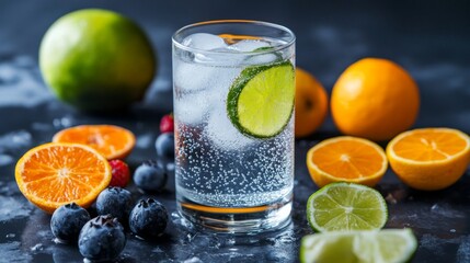 Poster - Refreshing Citrus Drink with Bubbles and Fresh Fruits in Background