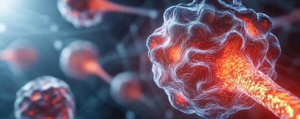 Poster - Cancer cells idea. Abstract representation of red cells in a digital environment, showcasing cellular details.