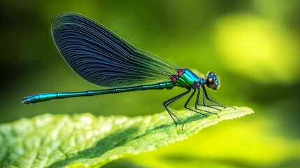 Poster - Vibrant Dragonfly Perched on Leaf in Nature's Green Background
