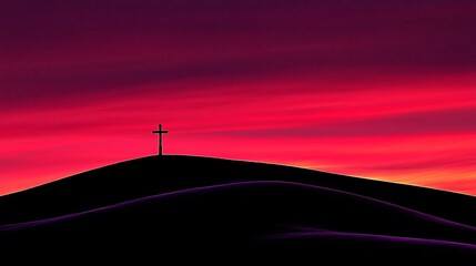 Canvas Print - Cross silhouette on hill, sunset sky, spiritual scene.