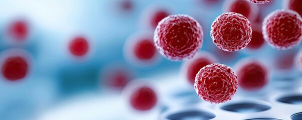 Poster - Cancer cells idea. Close-up of vibrant red cells against a blue background, showcasing intricate details.