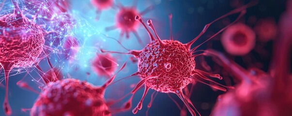Poster - Cancer cells idea. Microscopic view of viruses highlighting intricate structures and vibrant colors.