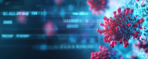 Poster - Cancer cells idea. Illustration of a virus with data visualization in the background, conveying infection impact.