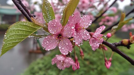 Poster - Delicate Pink Cherry Blossom Flowers With Raindrops on Petals