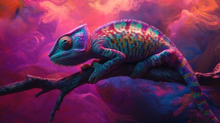 Wall Mural - Colorful chameleon perched on a branch against a vibrant, abstract background in a tropical setting