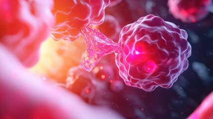 Poster - Cancer cells idea. A close-up view of colorful cells interacting in a vibrant microscopic world.