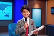 © SimpleDesignStudio - Young Boy in Suit Holding Microphone and Paper, Perfect for Children's Book Illustrations, Newsroom Setting, Inspiring Youth Motivation