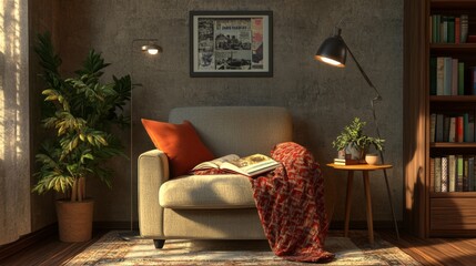 Poster - Cozy Reading Nook with Modern Decor and Soft Lighting Accents