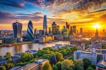 Wall Mural - London Skyline Sunrise Panoramic View, UK Cityscape, Golden Hour Photography, Breathtaking Aerial, Amazing City Views